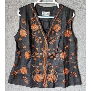 Alima Women's Sleeveless V Neck Tunic Top Embroidered 100% Linen Black/Orange 12